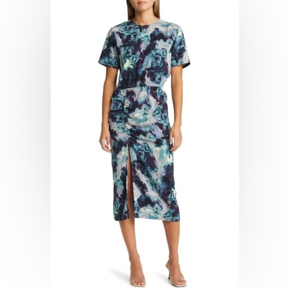 Open Edit Ruched Detail Midi Dress in Grey Blue Tie Dye Swirl Sz S